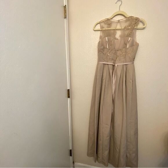 OLEG CASSINI beige biscotti illusion lace formal dress bridesmaid wedding gown 4 - Picture 3 of 16